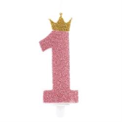 CANDELINA NUMERALE CM.9,5 GLITTER NR.1 PINK CORONA