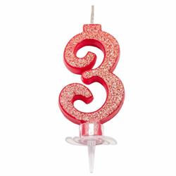 CANDELINA MINI NUMERALE CM.7 NR.3 ROSSA GLITTER
