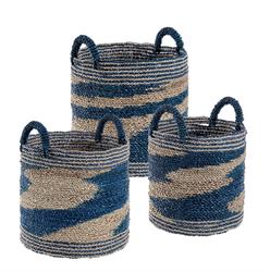 CESTA IN RATTAN NATURAL E BLU D.34X36 H. CON MANICI