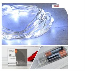 LUCI  30 NANOLED BIANCO A BATTERIA FILO RAME