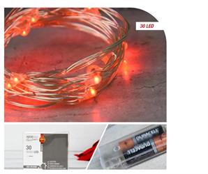 LUCI  30 NANOLED ROSSA A BATTERIA FILO RAME