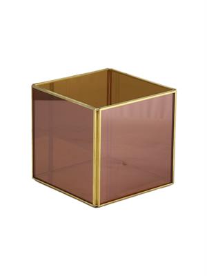 PORTACANDELA VETRO ROSA + METALLO ORO CM.15X15X15 H.
