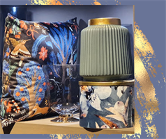 SCATOLA TONDA VELLUTO DEC.FIORE ARANCIO BLU D.25X18 CON VETRO