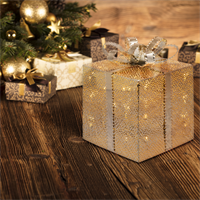 SCATOLA REGALO METALLO  LUMINOSA ORO CM.20X20 CON 40 LED