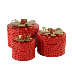 SET 3 BOX TONDI ROSSI IN METALLO DECORATI FIOCCO