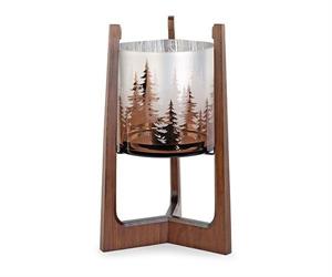 PORTACANDELA VETRO DECORO BOSCO BASE IN LEGNO D.17X25 H.